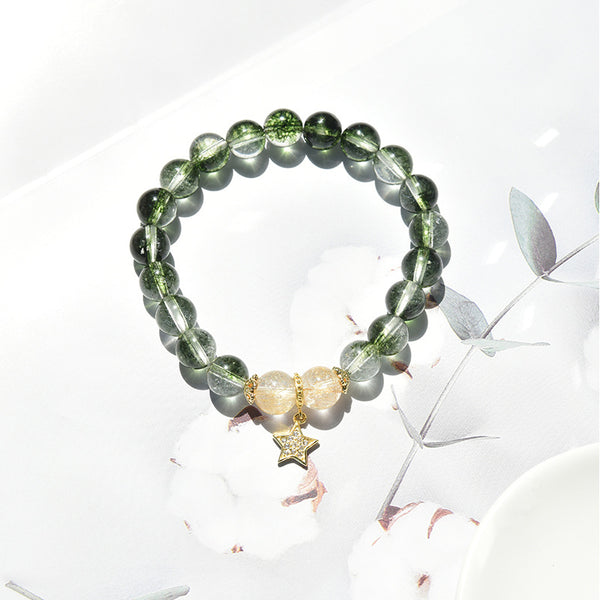 Crystal Bracelet - Green Phantom Crystal and Golden Hair Crystal Star Bracelet for Wealth & Fortune