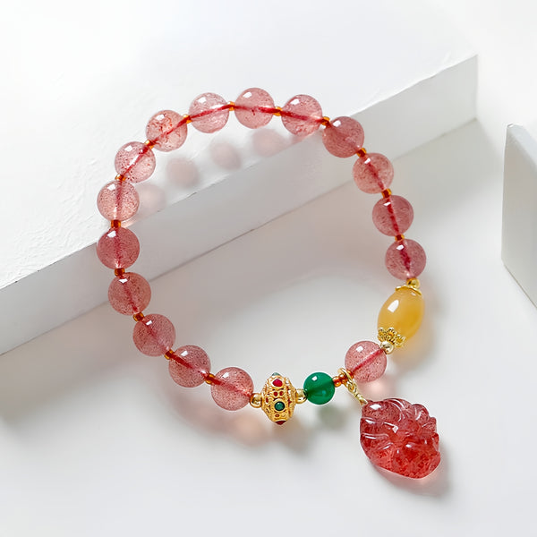 Crystal Bracelet - Nine Tailed Fox Strawberry Crystal Golden Silk Jade Bracelet for Love & Wealth