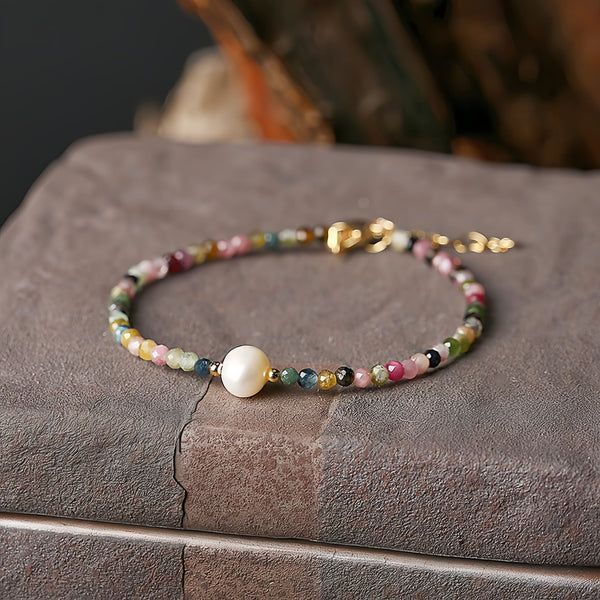 Natural Tourmaline and Freshwater Pearl Bracelet For Energy