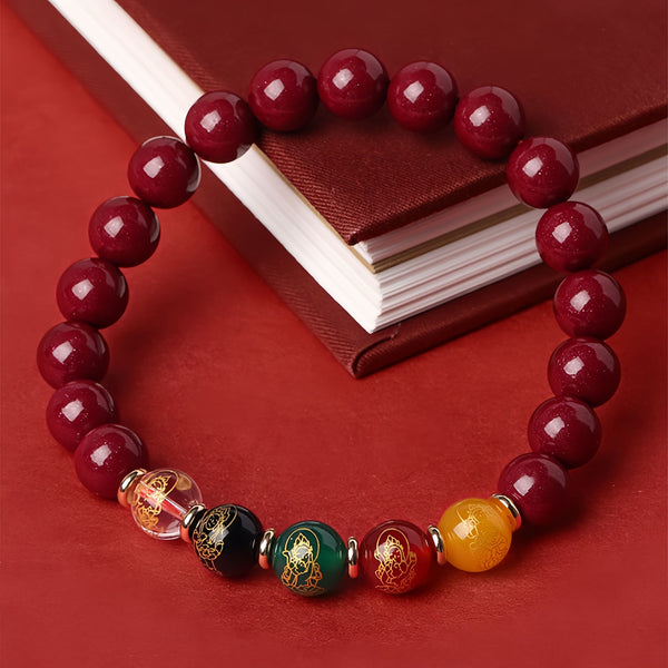 Feng Shui Bracelet - Five Way Wealth Gods Agate and Cinnabar Good Luck Bracelet for Wealth