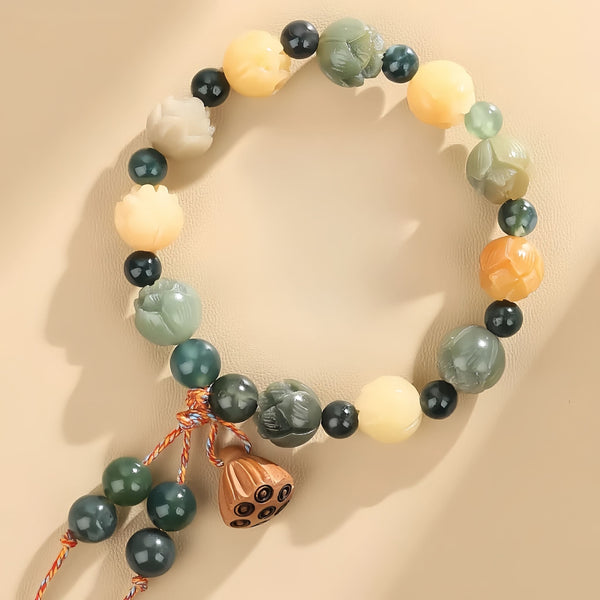 Feng Shui Bracelet - Feng Shui Fortune Lotus Natural Bodhi Root and Moss Agate Bracelet for Wealth