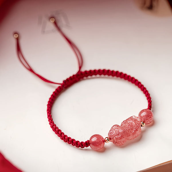 Natural Strawberry Crystal Pixiu Hand-Woven Red String Bracelet